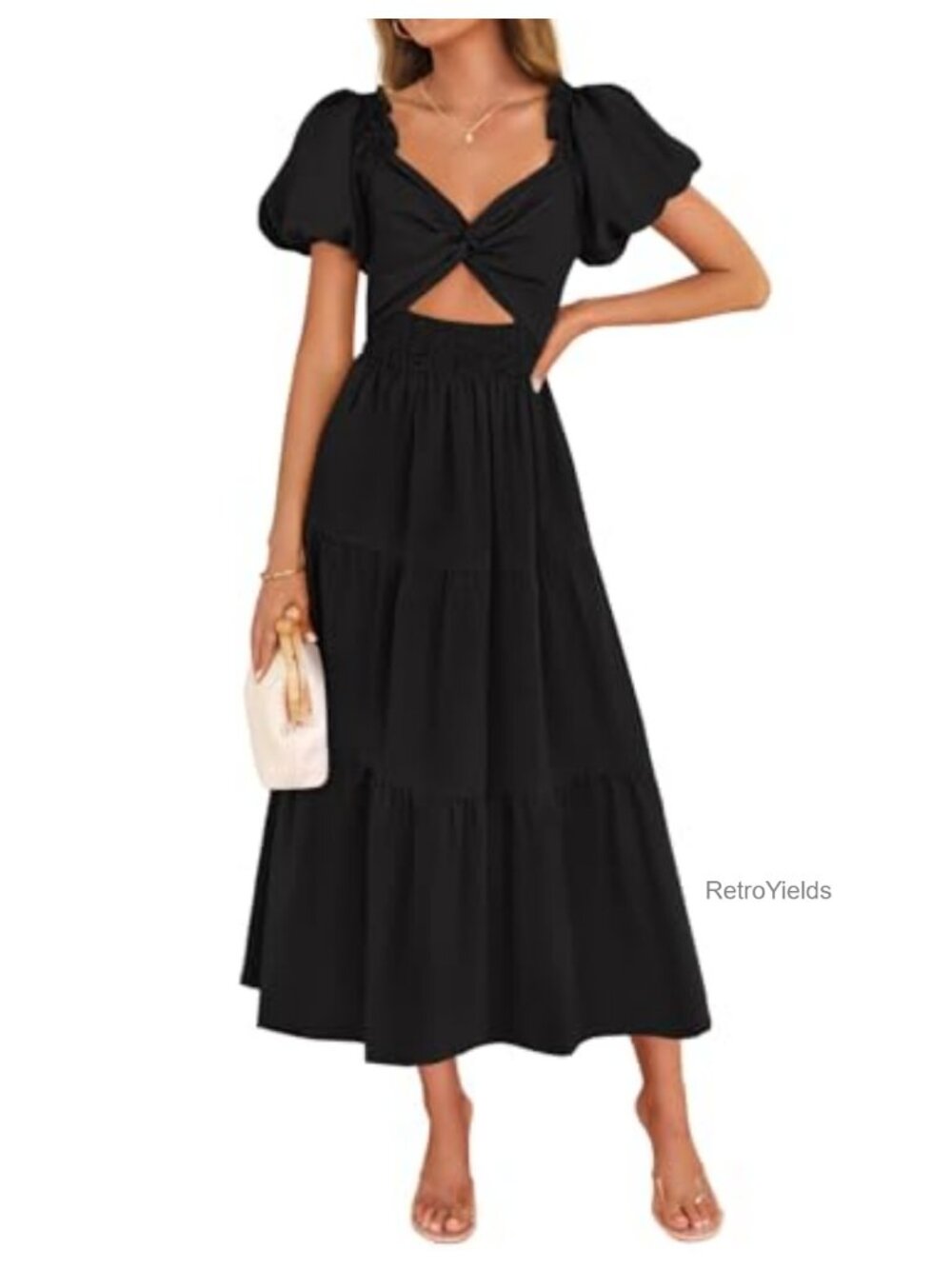 ZESICA Cutout A-line V-neck Midi Dress, No Stretch, Casual